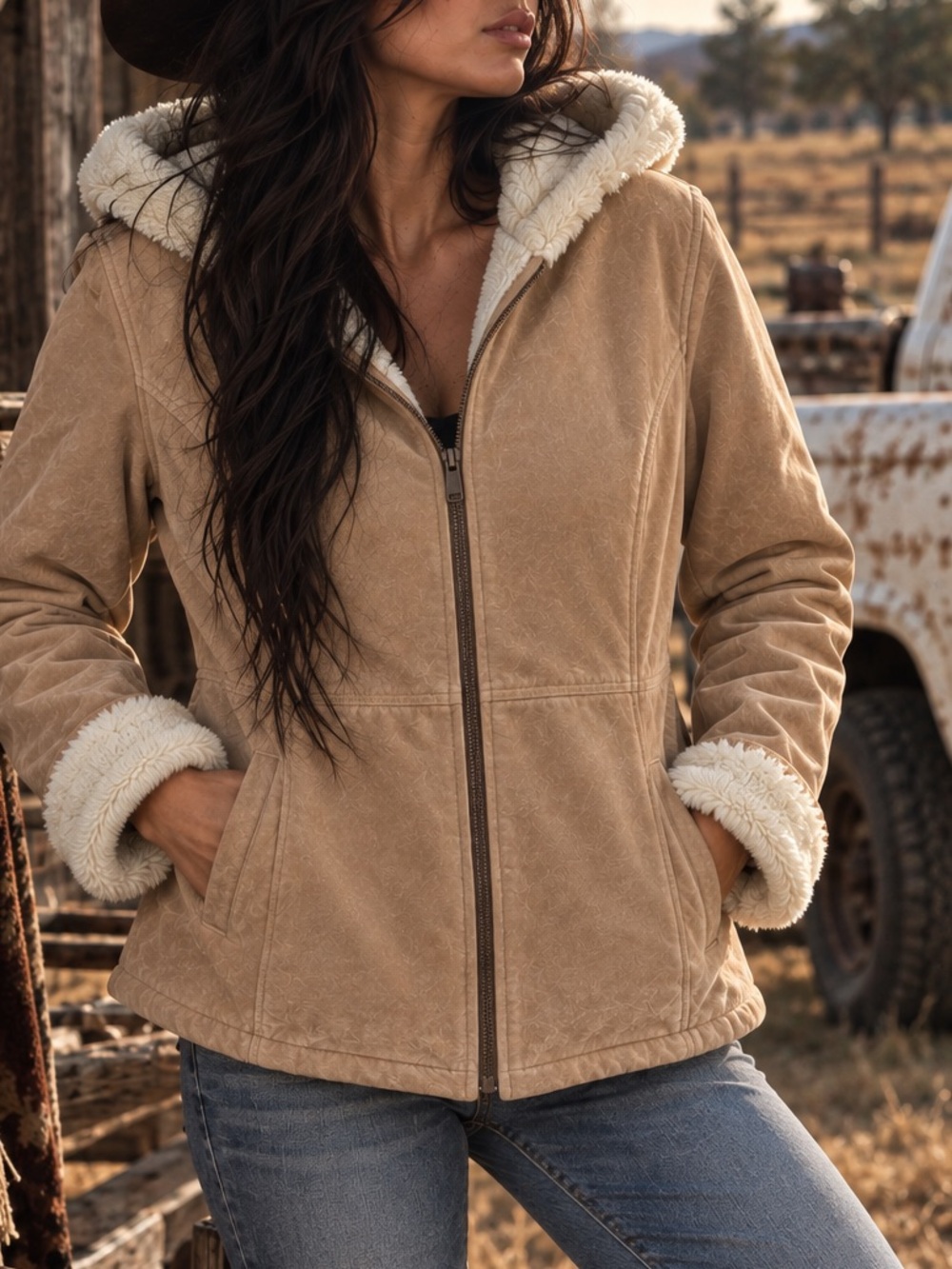 Max USA Tan Suede Leather Sherpa Hooded Jacket Women’s L Western Winter Y2K